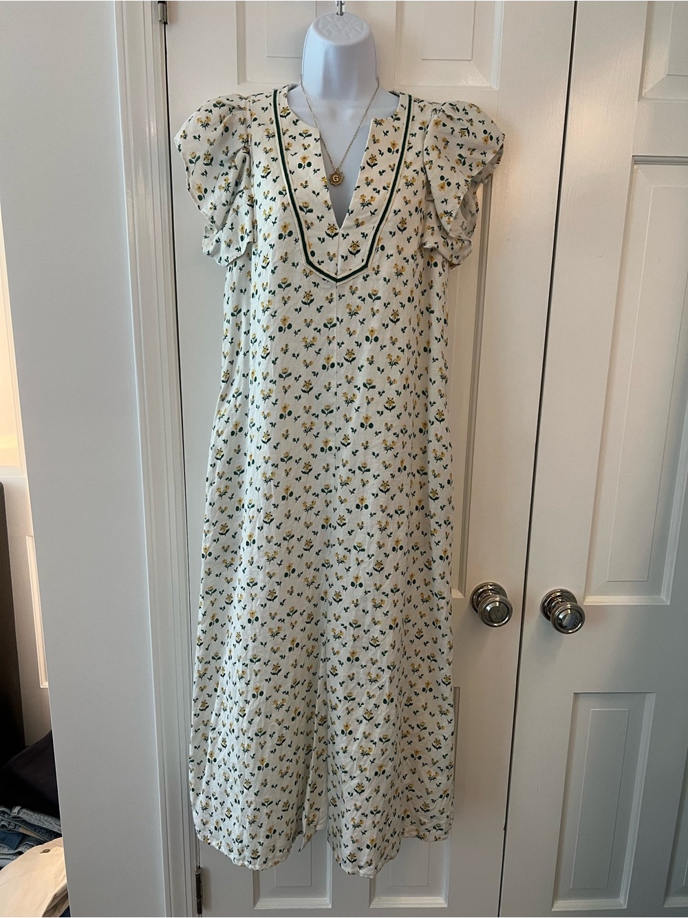 Tuckernuck Cream Maxi Dress with Green Trim and Floral Motif